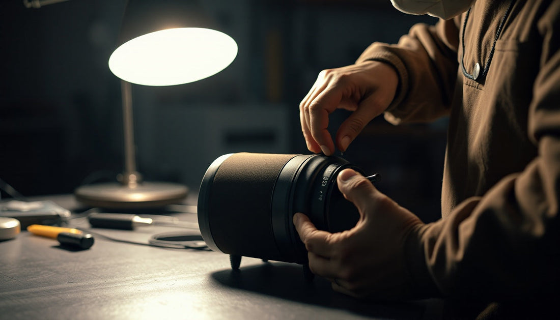 Technician's hands assembling a matte black audio device in a workshop