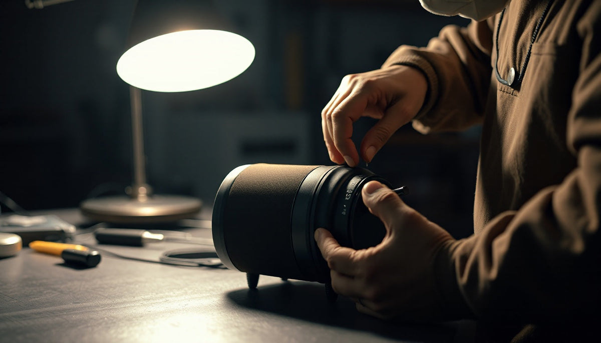 Technician's hands assembling a matte black audio device in a workshop