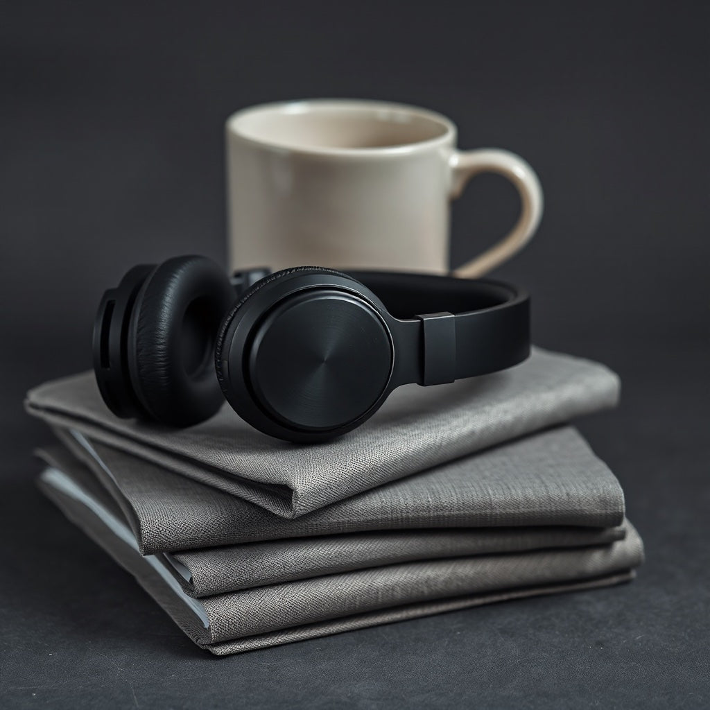 Black headphones resting on grey linen notebooks beside a ceramic cup