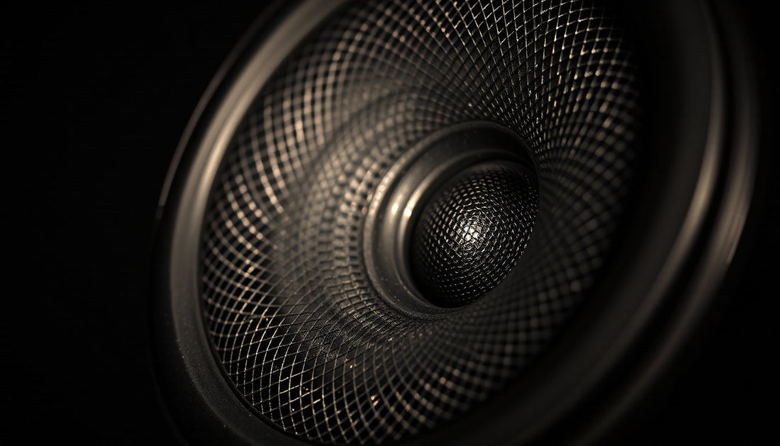 Macro of a headphone driver grille with concentric black metal mesh