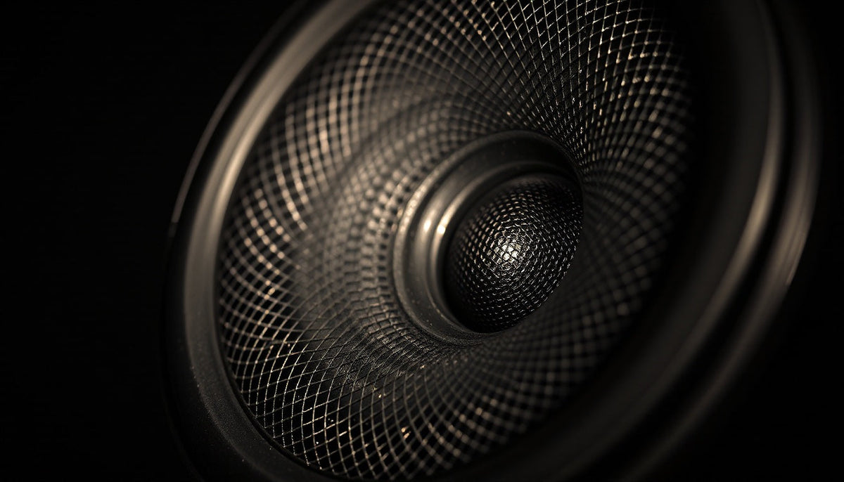 Macro of a headphone driver grille with concentric black metal mesh