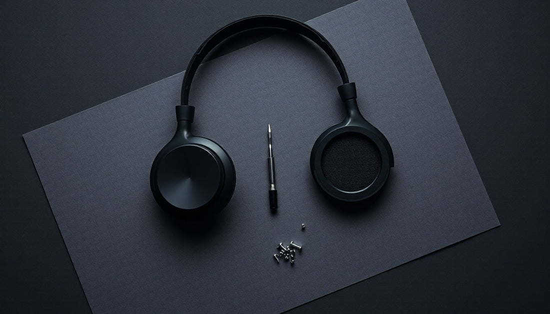 Disassembled black headphones laid out with a precision screwdriver and screws