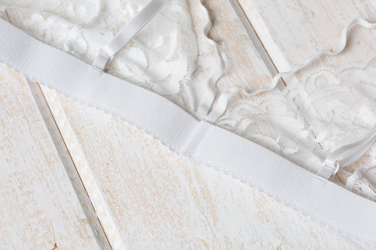 White floral-lace bralette reverse-facing flatlay detail. Photo: Shopify Partners; Shopify Burst white-lacey-lingerie-top; Burst Some Rights Reserved. Editorial demo, not manufacturer endorsement.