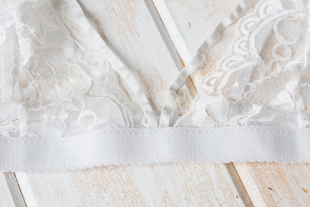 White floral-lace bralette front flatlay detail. Photo: Shopify Partners; Shopify Burst lacey-bra; Burst Some Rights Reserved. Editorial demo, not manufacturer endorsement.
