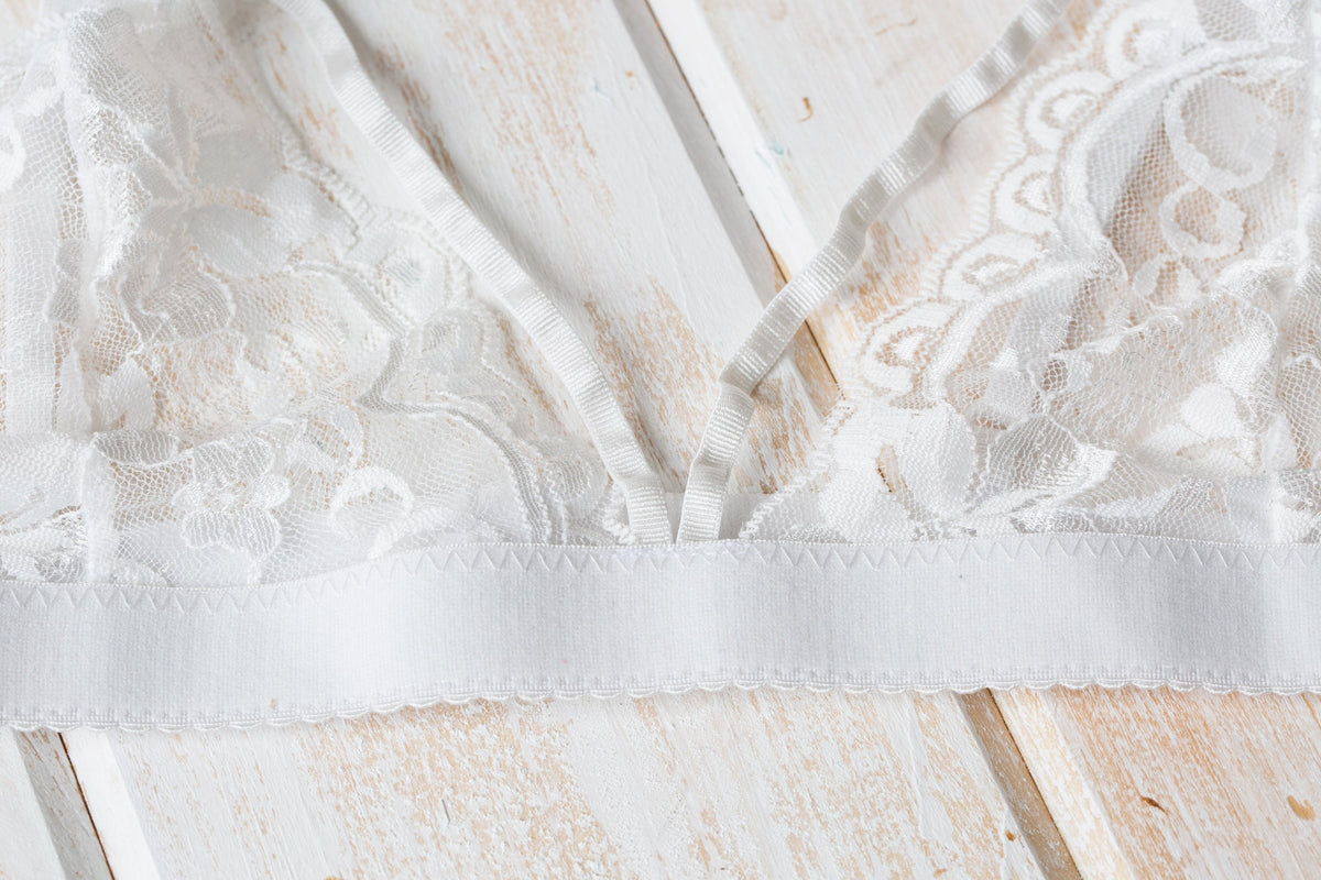 White floral-lace bralette front flatlay detail. Photo: Shopify Partners; Shopify Burst lacey-bra; Burst Some Rights Reserved. Editorial demo, not manufacturer endorsement.