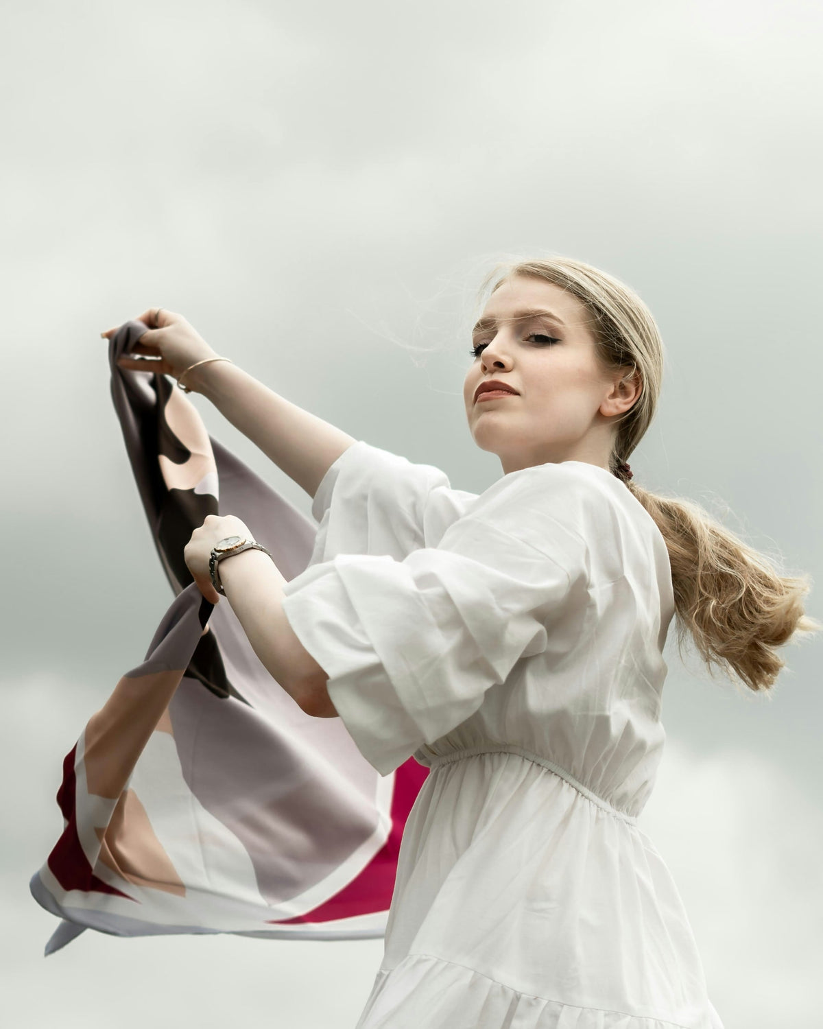 Paper gathered-waist dress — editorial photograph 1