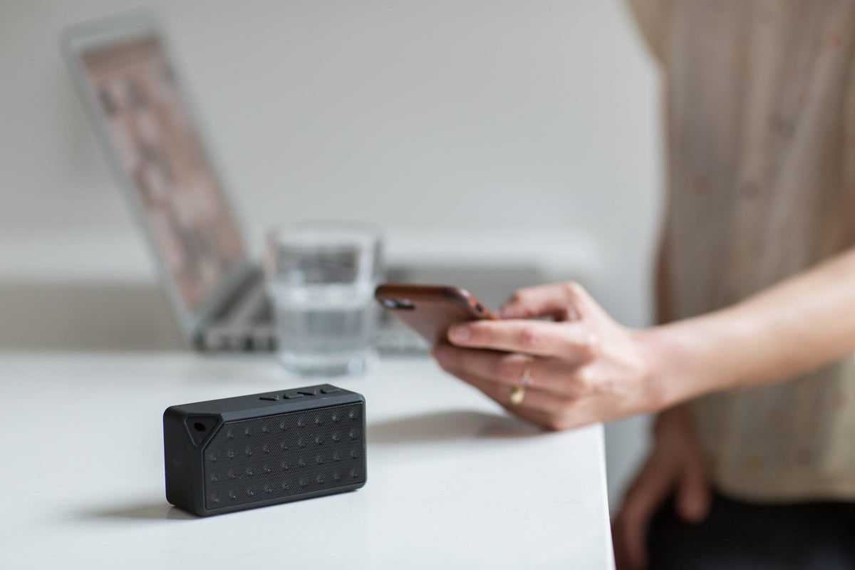 Black Rectangular Speaker — Photographic Demo — photograph 3. Photo: Matthew Henry; https://www.shopify.com/stock-photos/photos/small-wireless-speaker. Photographic demo.