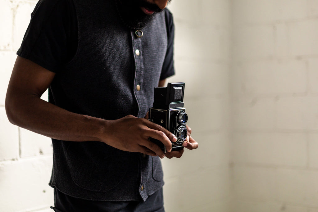 Twin Lens Film Camera — Photographic Demo — photograph 3. Photo: Matthew Henry; https://www.shopify.com/stock-photos/photos/man-looks-down-camera-view-finder. Photographic demo.