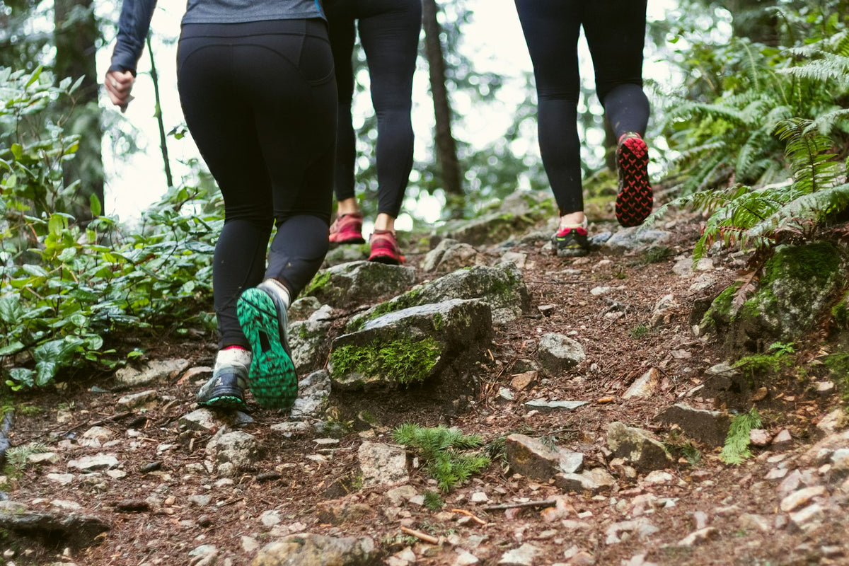 Trail Ridge in Moss — trail runners climbing a rocky forest path, green trail shoe in the foreground