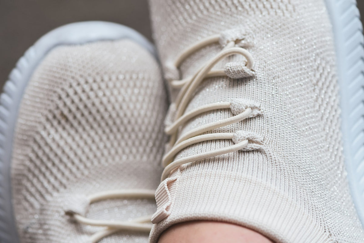 Everyday Knit in Oat — close-up of the oat-coloured sock-like knit upper and laces
