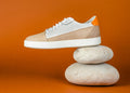 Sand Orange Low Top — Photographic Demo — photograph 1. Photo: Mojtaba Fahiminia; https://unsplash.com/photos/a-pair-of-shoes-sitting-on-top-of-a-pile-of-rocks-CQzCMx_wvk4. Photographic demo.